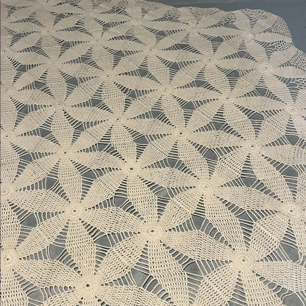 Vintage Hand-Crochet Lace Large Table Runner Hexagon Motifs